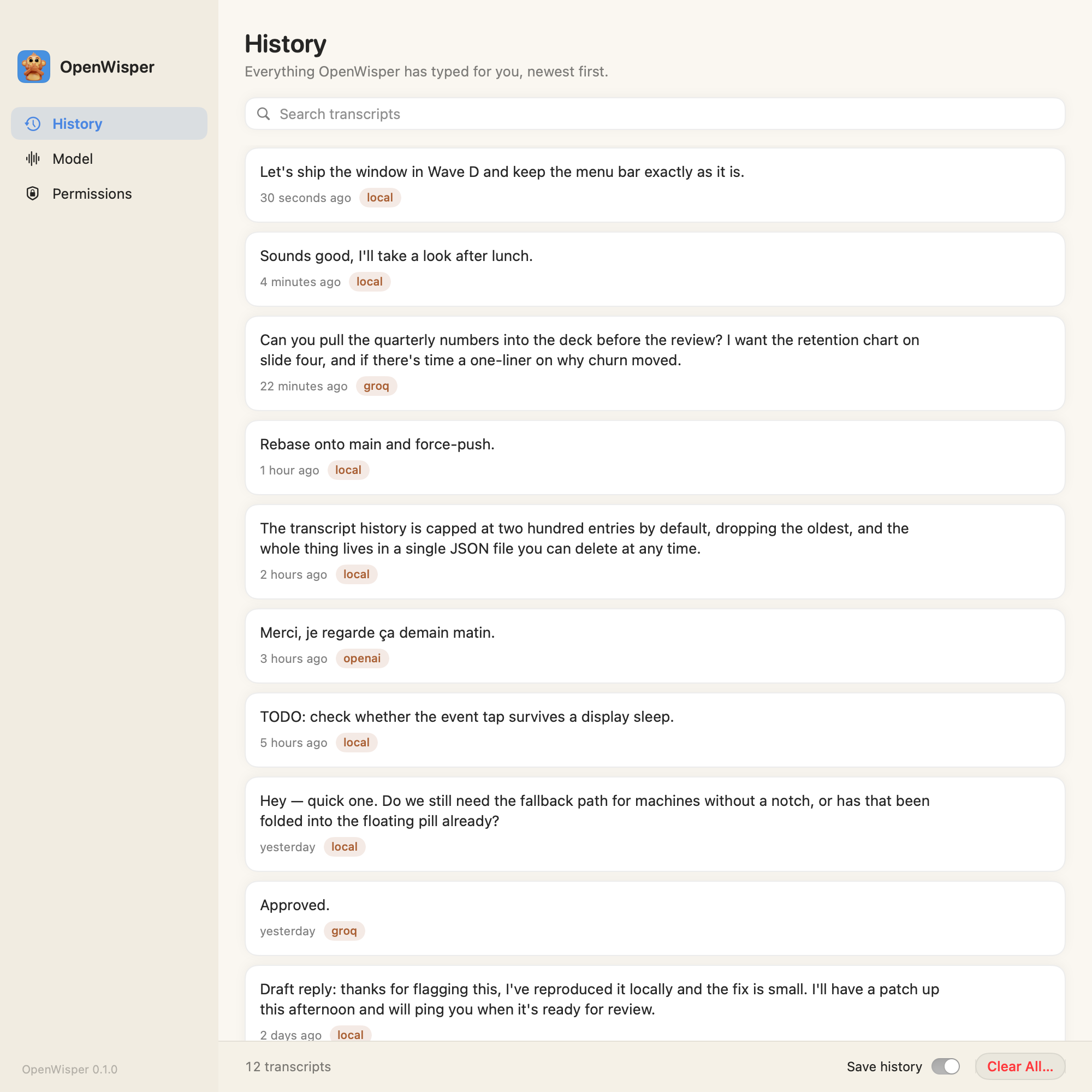 The OpenWisper window showing your dictation history, each entry one click away from the clipboard